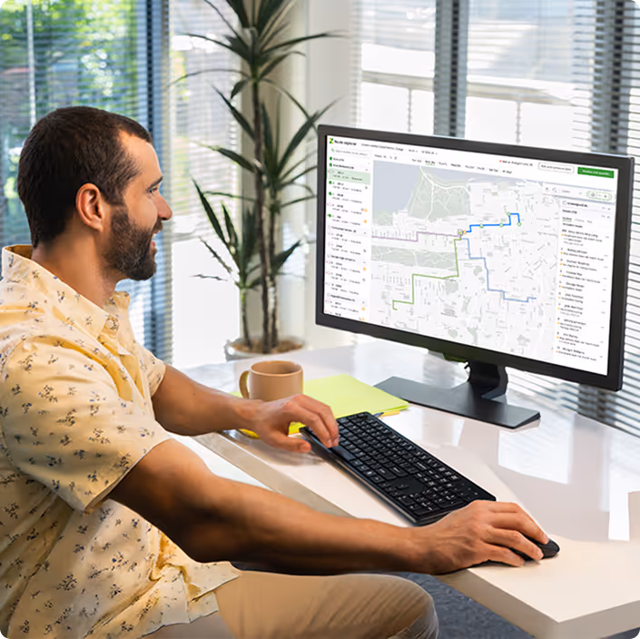 A district administrator reviewing bus routes on the Zum Services, Inc. Route Explorer dashboard at a desk computer.
