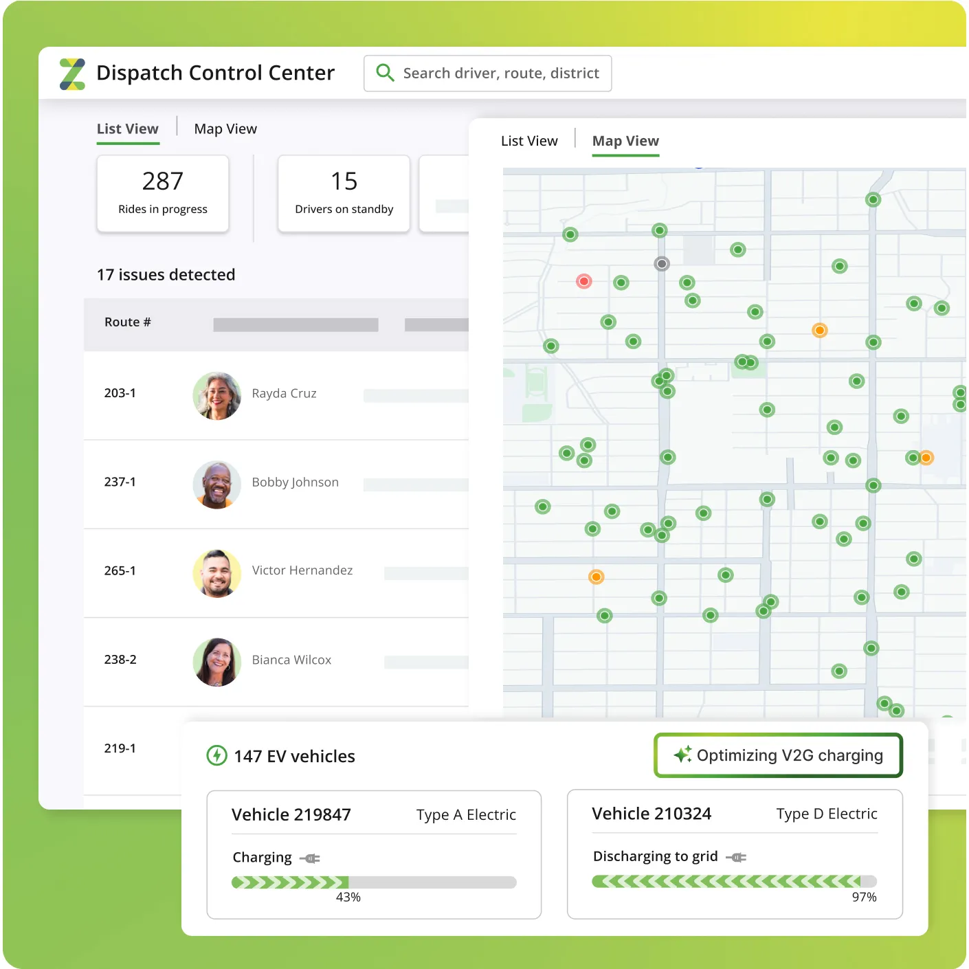 Zum Services, Inc. Dispatch Control Center showing a list of active drivers and routes, a live map view of vehicle locations, and an EV charging status panel tracking vehicle-to-grid charging.