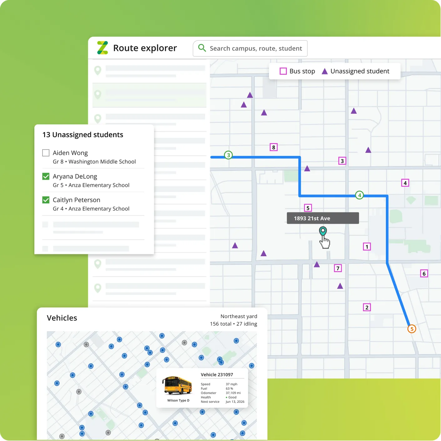 Zum Services, Inc. Route Explorer tool showing an interactive bus route map with stops and unassigned students, a list panel of unassigned students, and a vehicles panel tracking bus locations and status across a service yard.