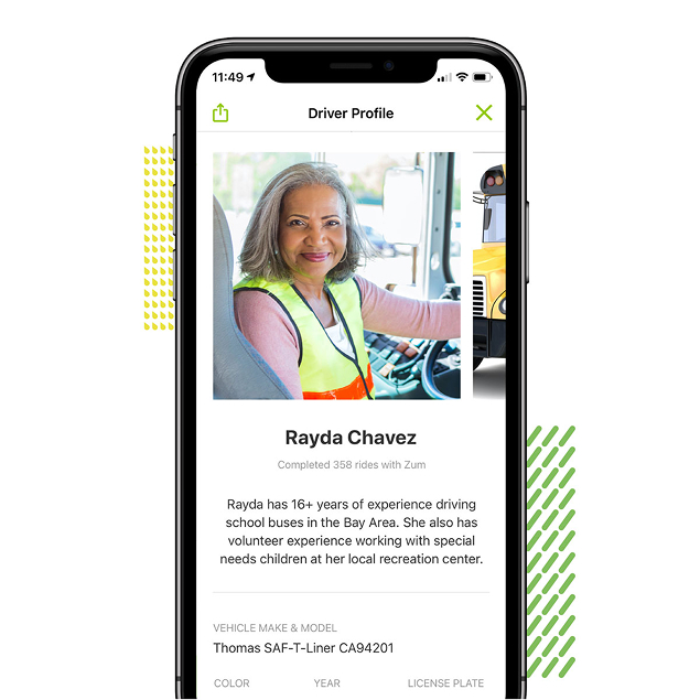 A driver profile on a phone screen featuring Rayda Chavez and her transportation experience.