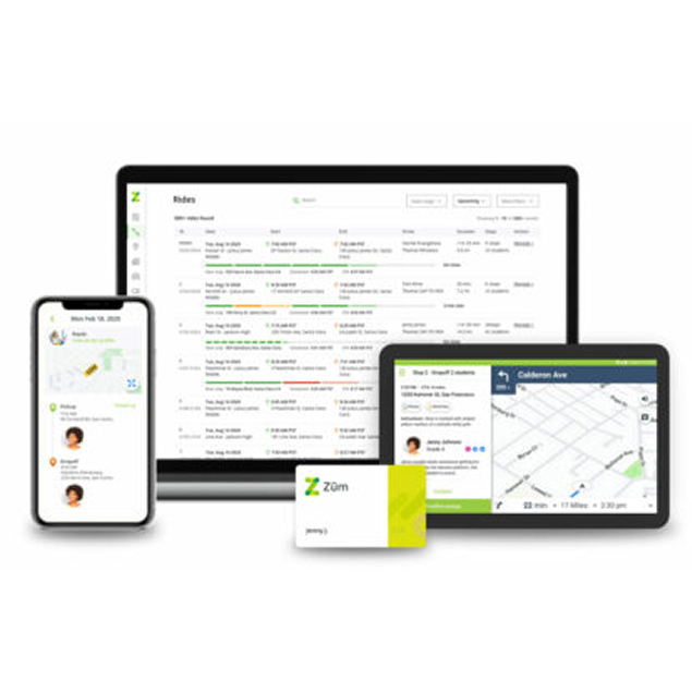 Screens displaying Zum. transportation platform with ride tracking and management features.