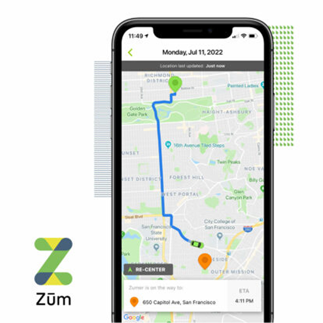 Map view on a smartphone showing a route for school transportation with Zum branding.
