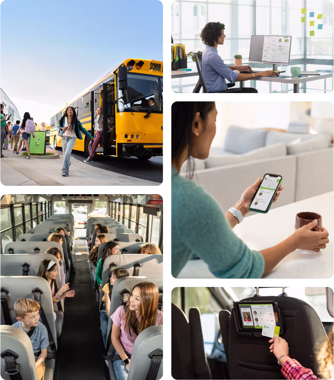 Students boarding a yellow school bus, parents using a tracking app, and drivers in a bus interior.