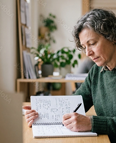 Woman writing in a notebook at a wooden table, surrounded by greenery and a bright room atmosphere.