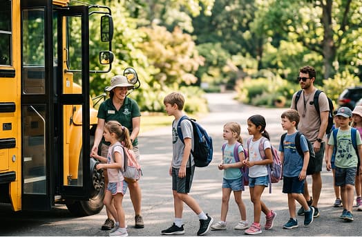 Students are boarding a yellow school bus with a staff member assisting them.