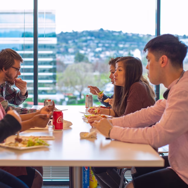Group of people having lunch at a table, with a cityscape view in the background.