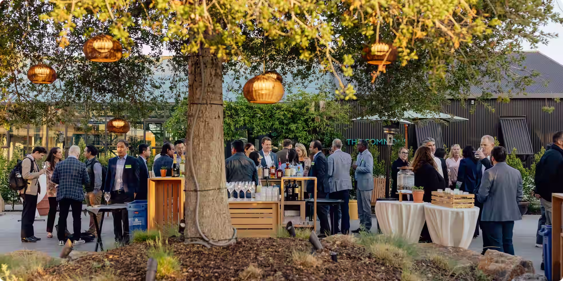 Outdoor event with people networking around tables under trees with hanging lanterns.