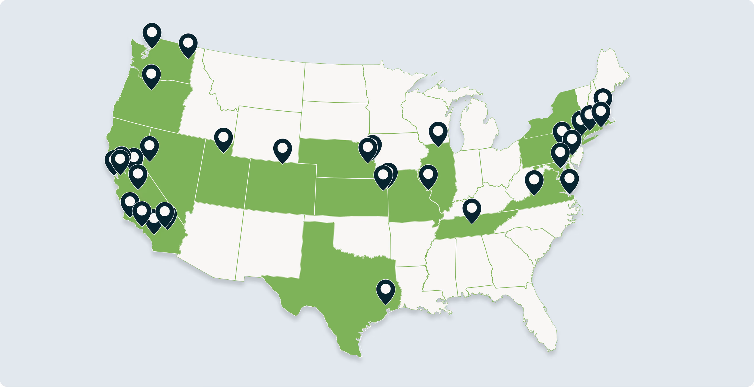 Map of the United States highlighting the states where Zum Services, Inc. operates, with location pins marking Zum service areas across the West Coast, Midwest, South, and Northeast.