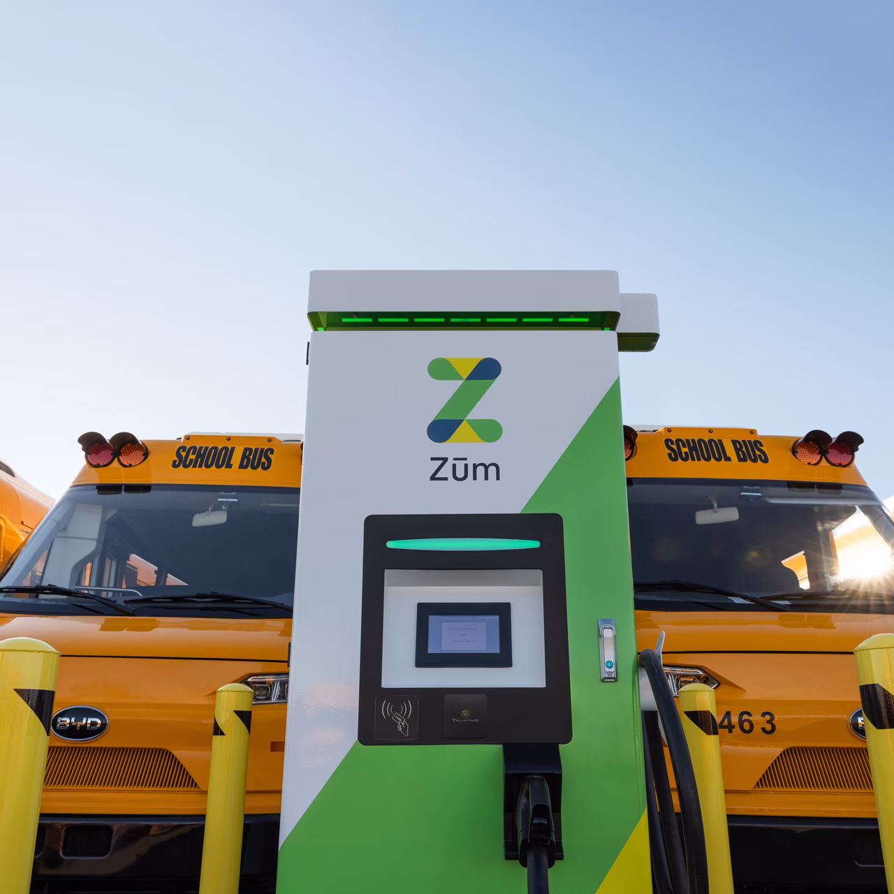 A Zum Services, Inc. EV charging station positioned between two yellow school buses in a parking yard.