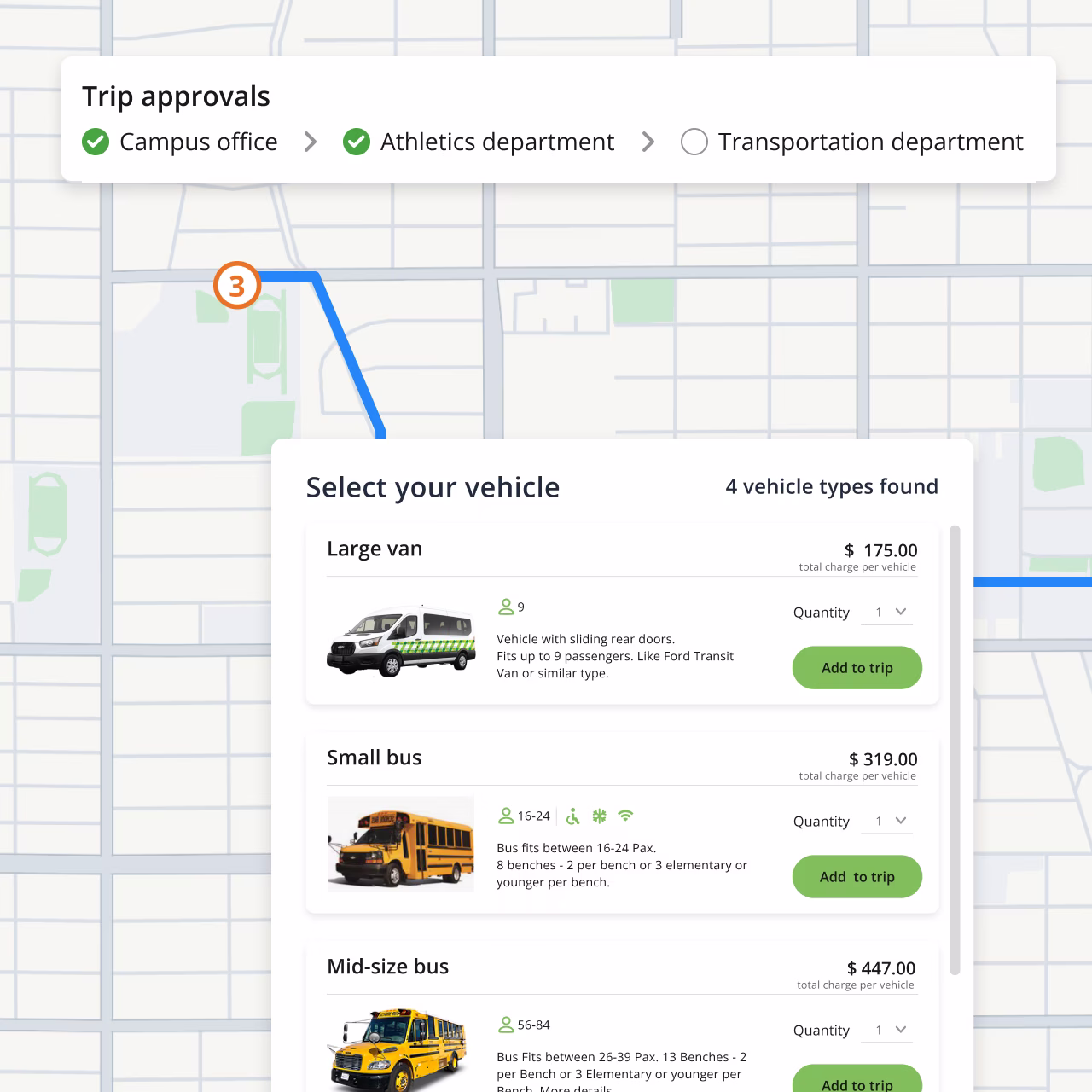 Zum Services, Inc. charter booking interface showing trip approval status and a vehicle selection panel with pricing and capacity for large vans, small buses, and mid-size buses.