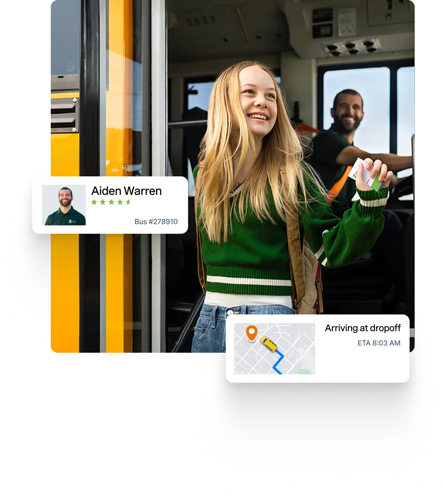 A student smiling on a Zum Services, Inc. school bus, with driver rating and live dropoff tracking overlays showing the Zum app experience.