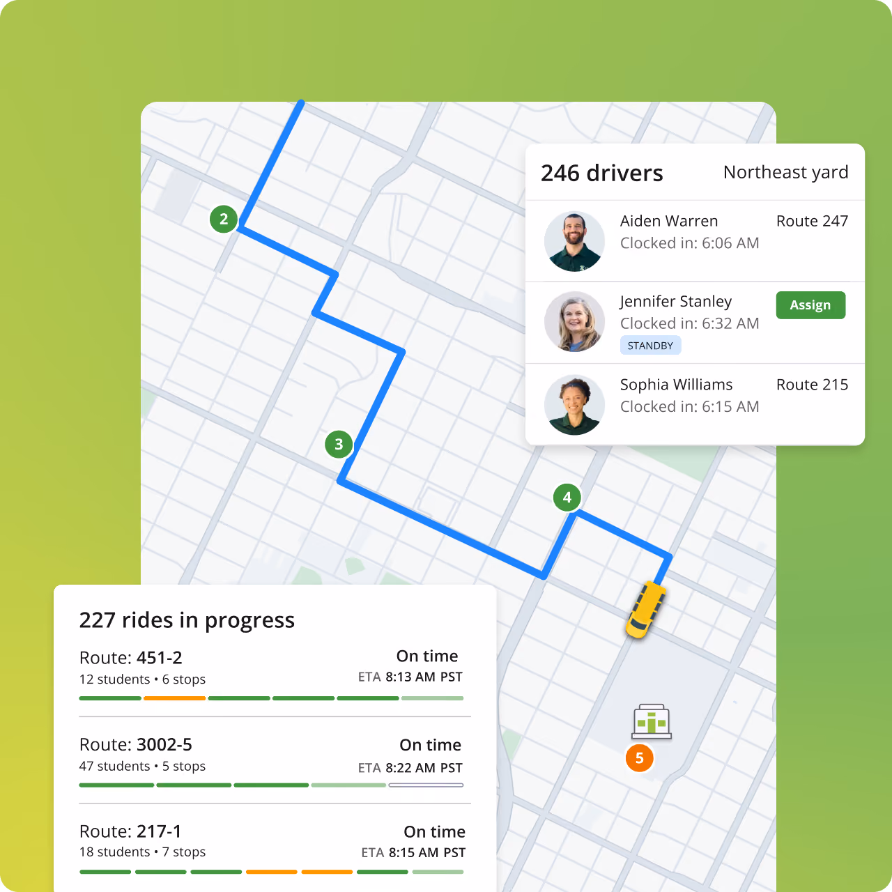 Zum Services, Inc. dashboard showing driver clock-ins, in-progress routes with ETAs, and a live map view of a bus route.