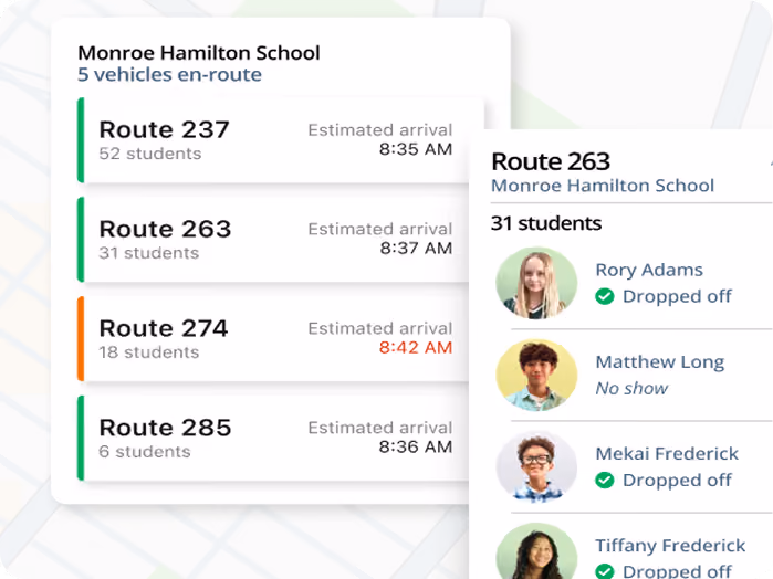 Zum Services, Inc. software interface showing en-route bus arrivals for a school and a route's student drop-off status list.