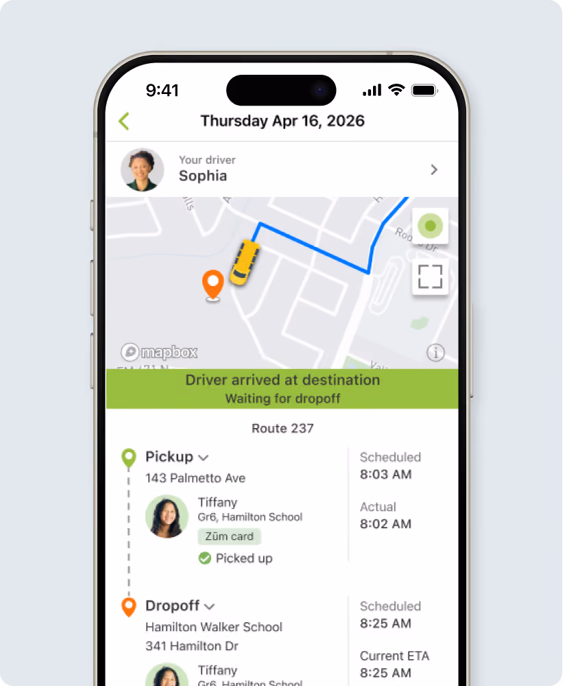 A phone displaying the Zum Services, Inc. app showing live bus tracking, driver info, and pickup and dropoff details for a route.