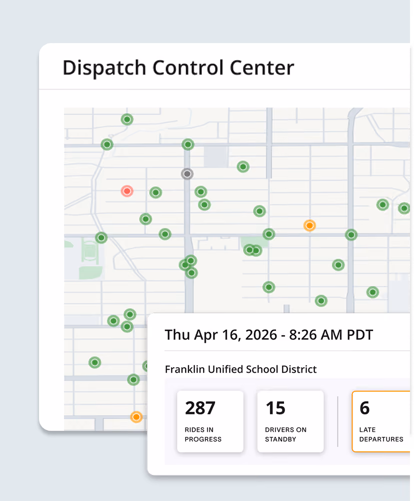 Zum Services, Inc. Dispatch Control Center showing a live vehicle map alongside ride, standby driver, and late departure counts for a school district.