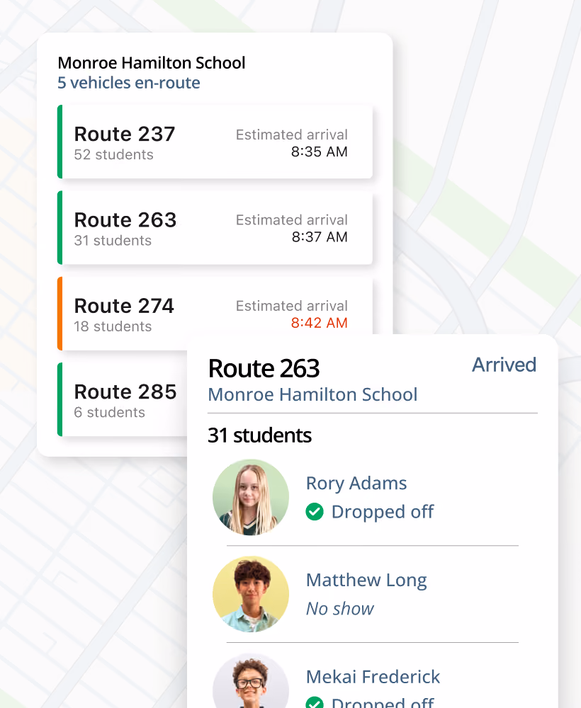 Zum Services, Inc. software interface showing en-route bus arrivals for a school and a route's student drop-off status list.