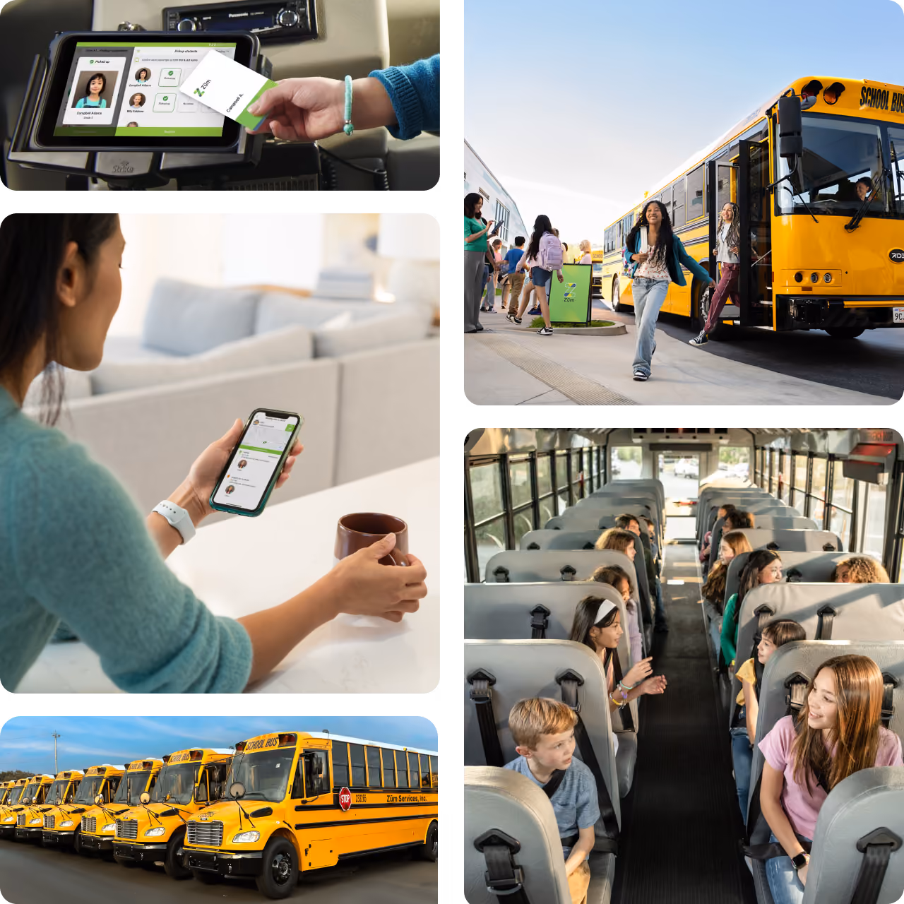 Collage introducing Zum Services, Inc. CMX: a student scanning an ID on a bus tablet, a parent tracking a ride on her phone, students boarding a bus, students seated inside a bus, and a row of parked school buses.