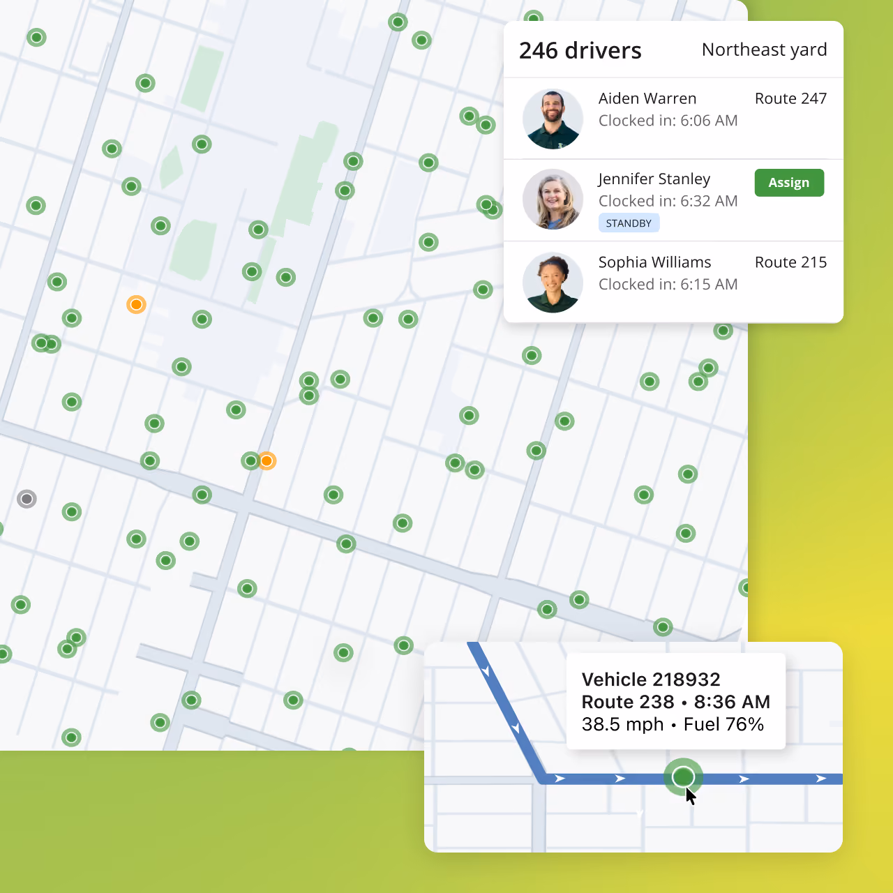A Zum fleet map showing driver locations across a yard, with a driver roster panel and live vehicle tracking details including route, speed, and fuel level.