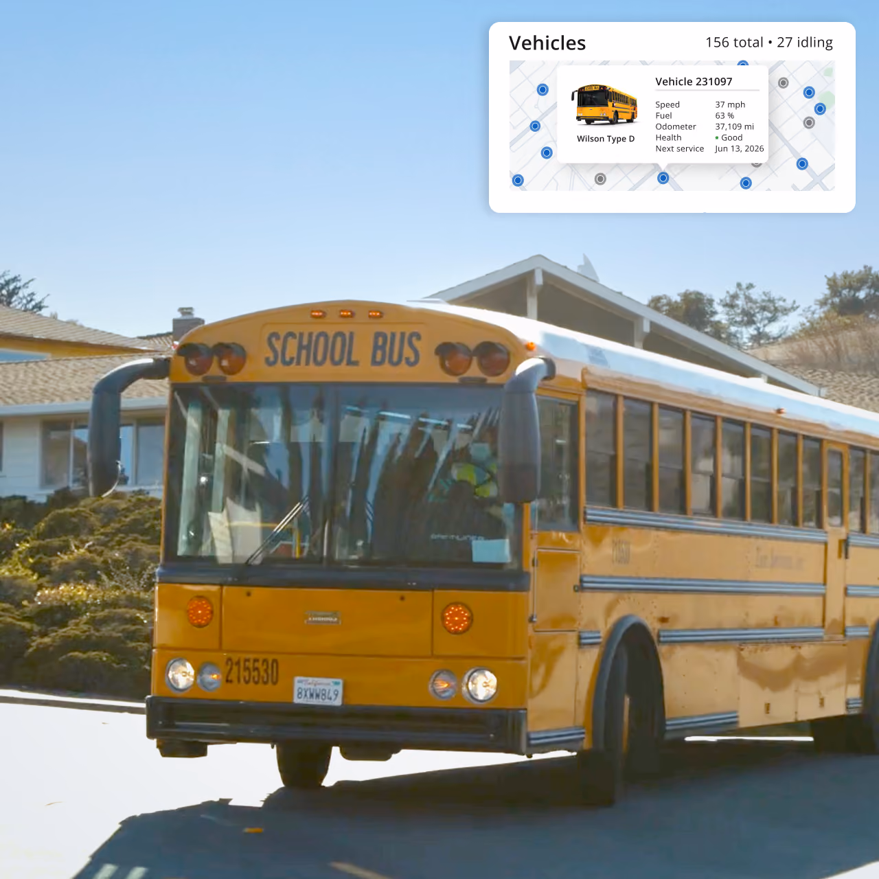 A Zum school bus driving through a neighborhood, with a fleet dashboard overlay showing vehicle speed, fuel, odometer, and health status.