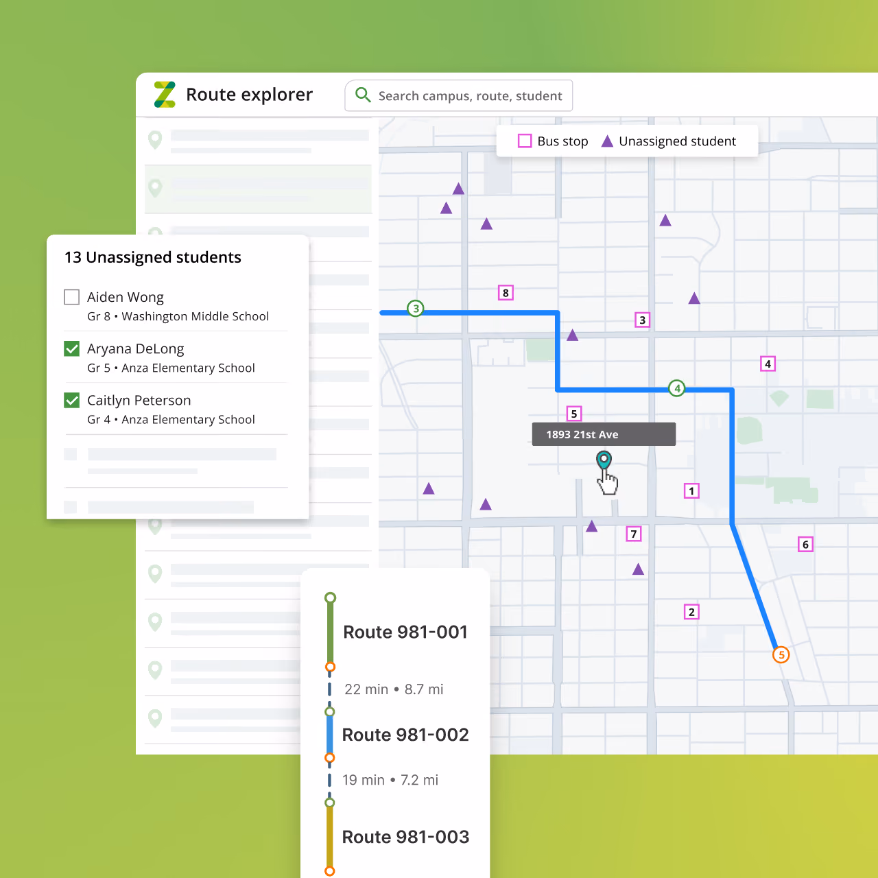 Zum's Route Explorer interface showing a bus route map with stops, unassigned students, and a list of nearby route options with times and distances.