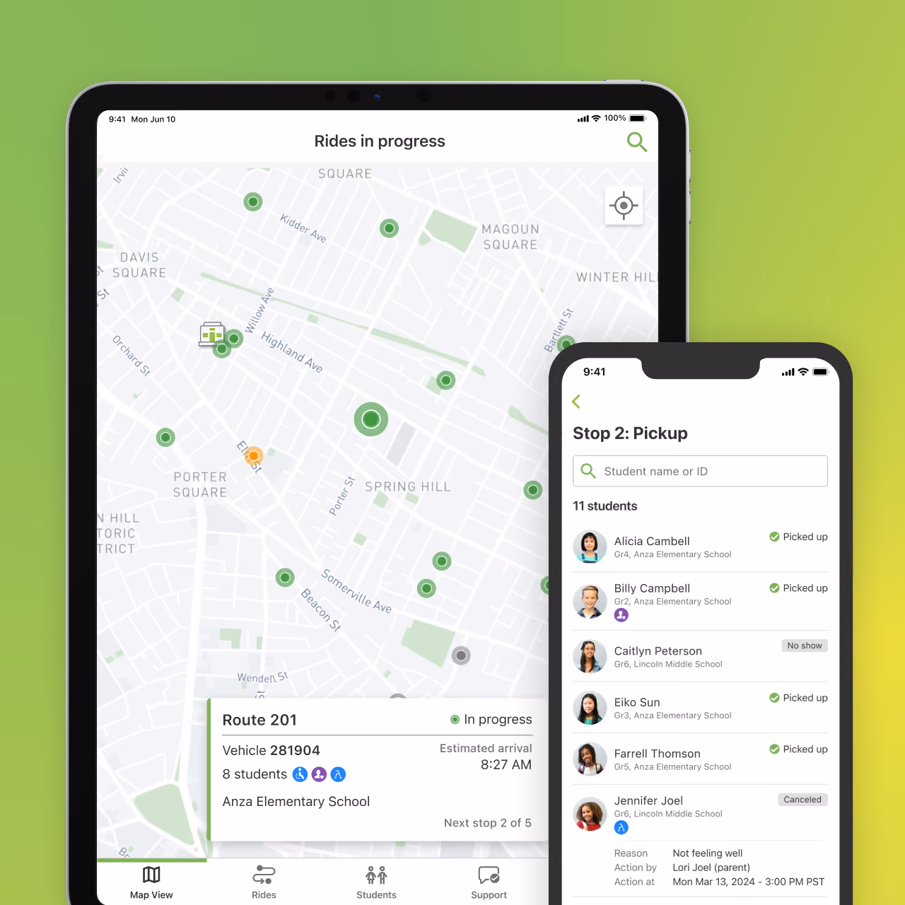 The Zum app shown on tablet and phone, displaying a live map of rides in progress alongside a student pickup checklist for an in-progress route.