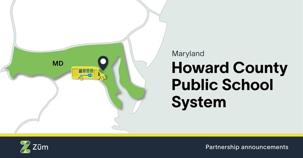 Map highlighting Howard County, Maryland, with a Zum school bus icon and partnership announcement