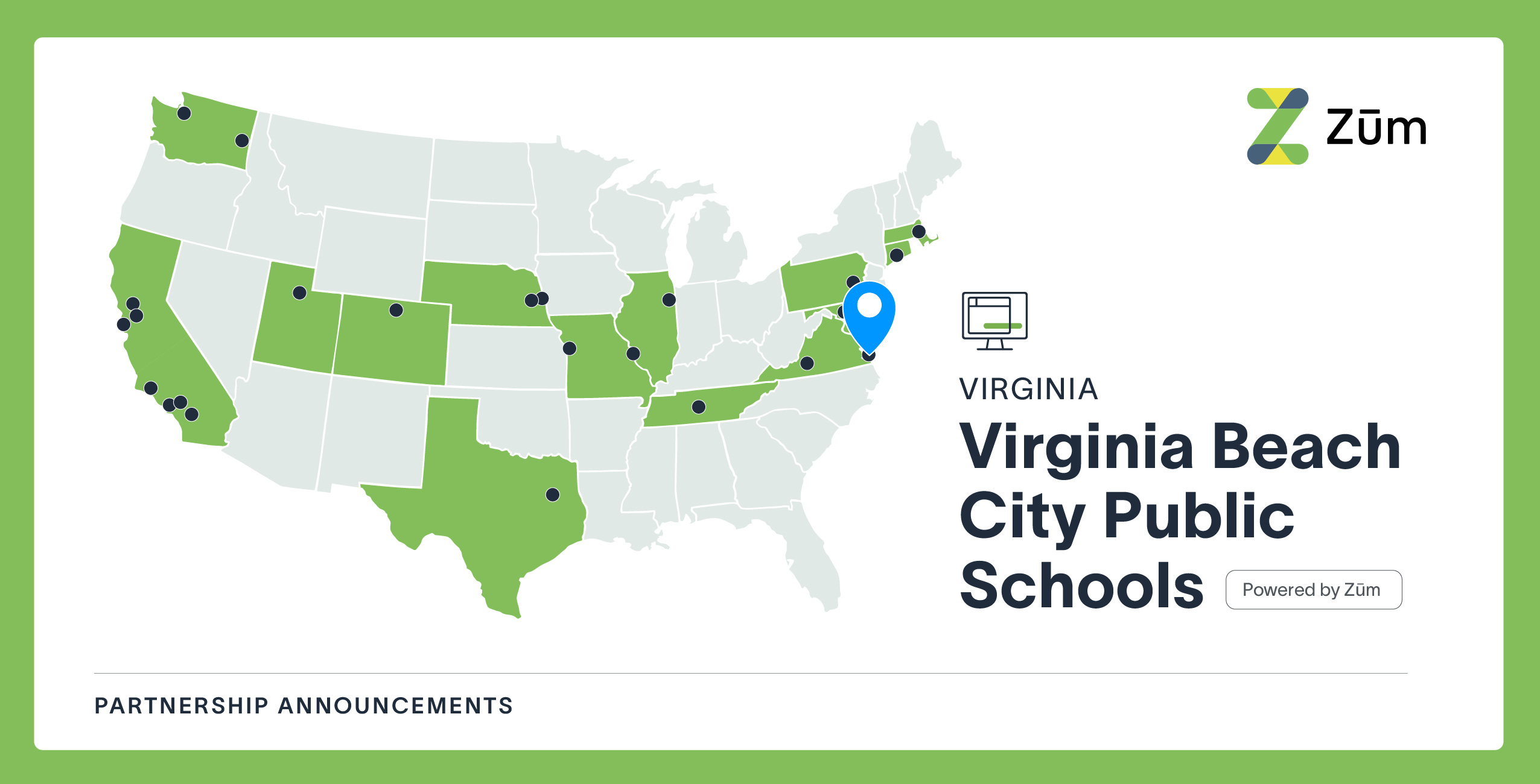 Map of the U.S. highlighting Virginia Beach City Public Schools with Zum partnership locations.