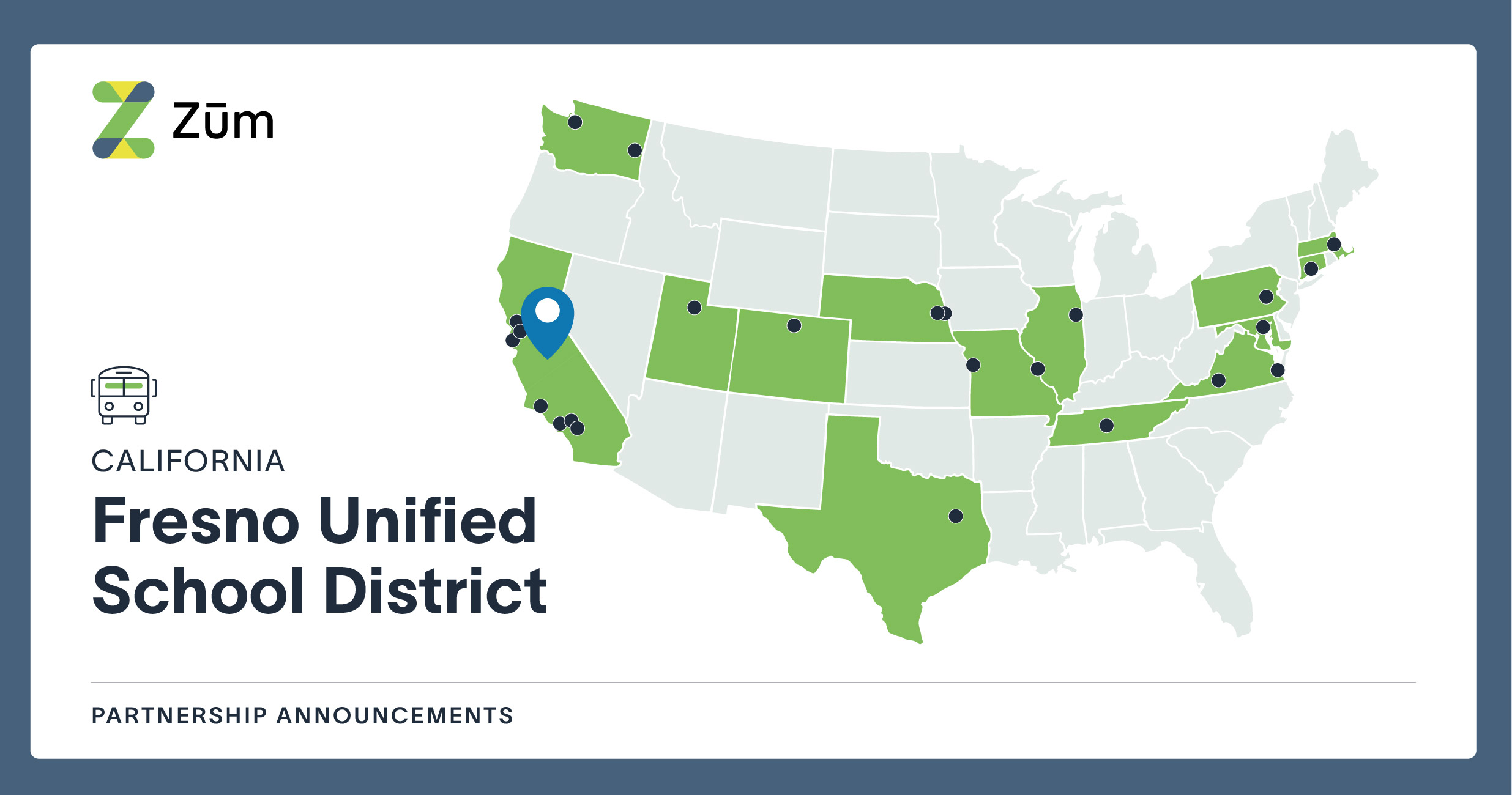 Map highlighting the Fresno Unified School District location within the U.S. showing partnerships.