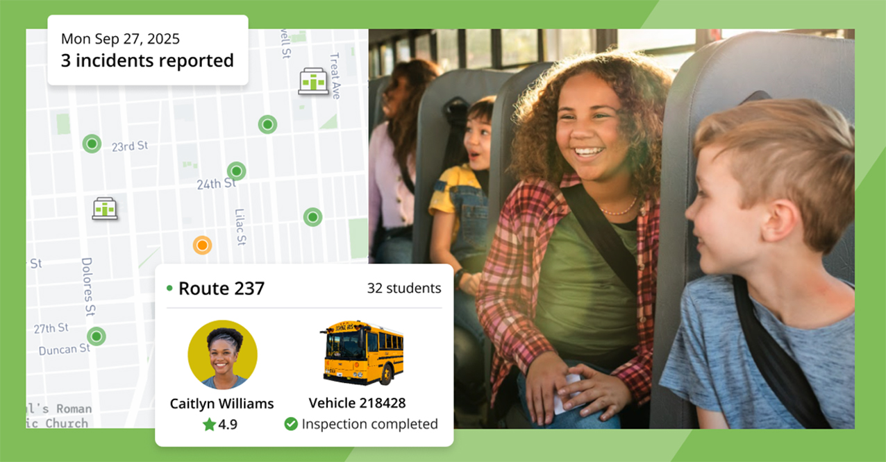 Students smiling on a school bus, with a dashboard showing route 237 and driver info.