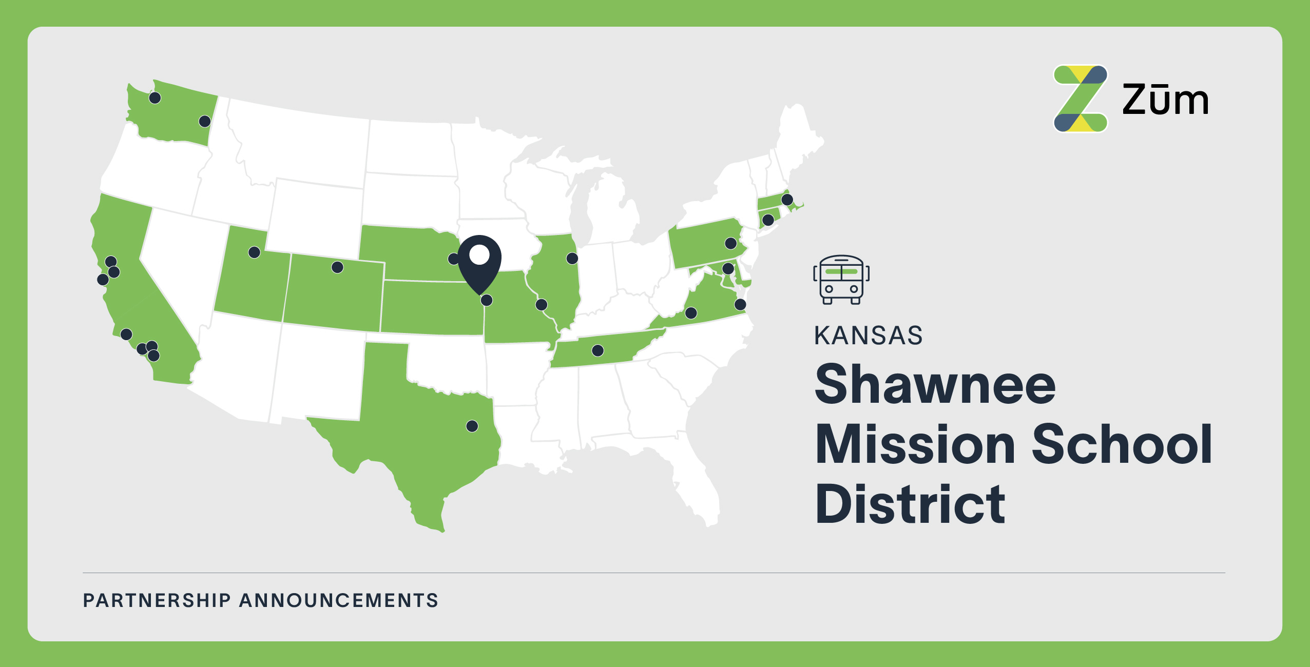 Map of the U.S. highlighting Kansas' Shawnee Mission School District in green for Zum partnership.