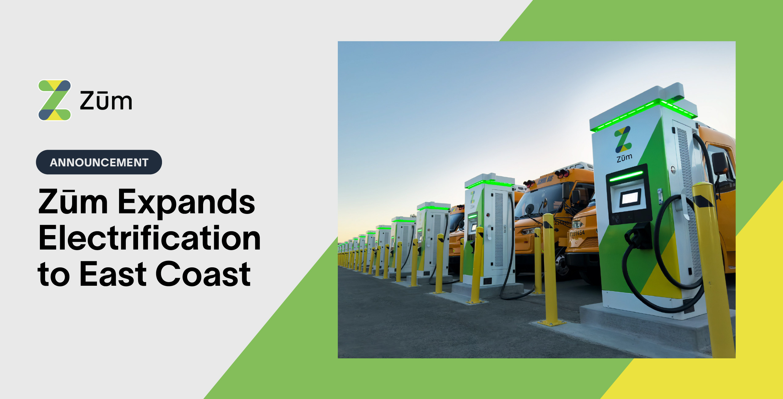 Zum expands electrification with multiple EV chargers lined up in a bus yard at sunrise.