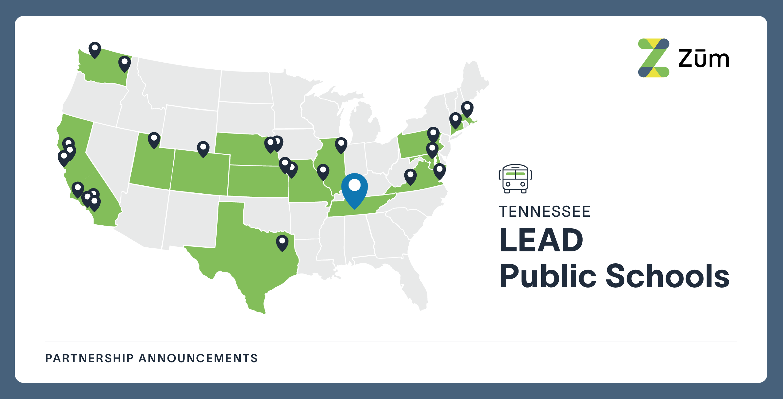 Map of the U.S. highlighting locations of Zum partnerships, including Tennessee's LEAD Public