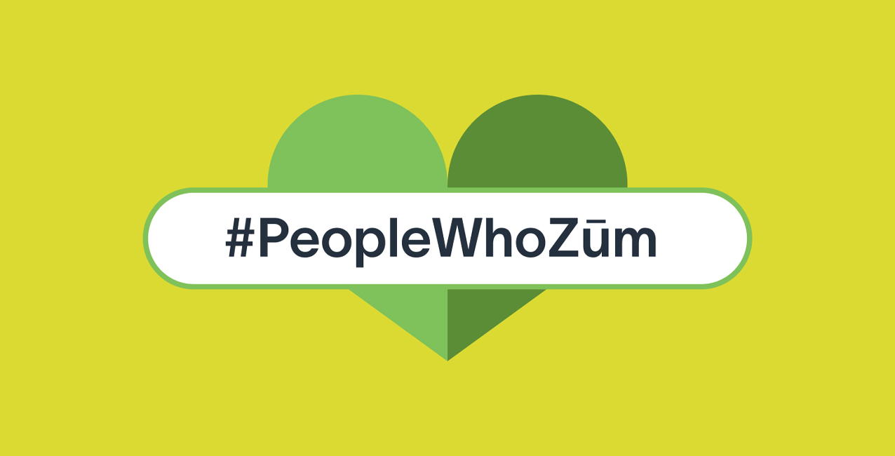 Green heart shapes on a yellow background with the hashtag #PeopleWhoZüm in white text.