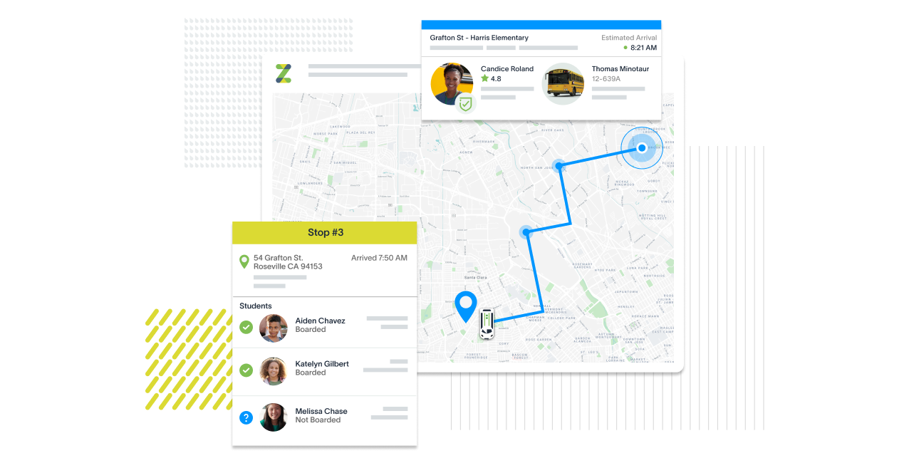 Map interface showing transportation route with student boarding details and estimated arrival time.