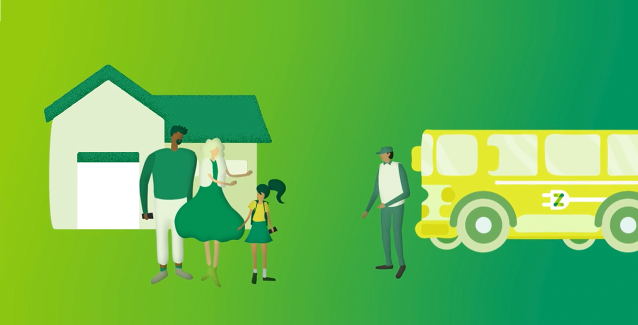 Family waiting outside a house as a driver approaches a school bus. Green background.