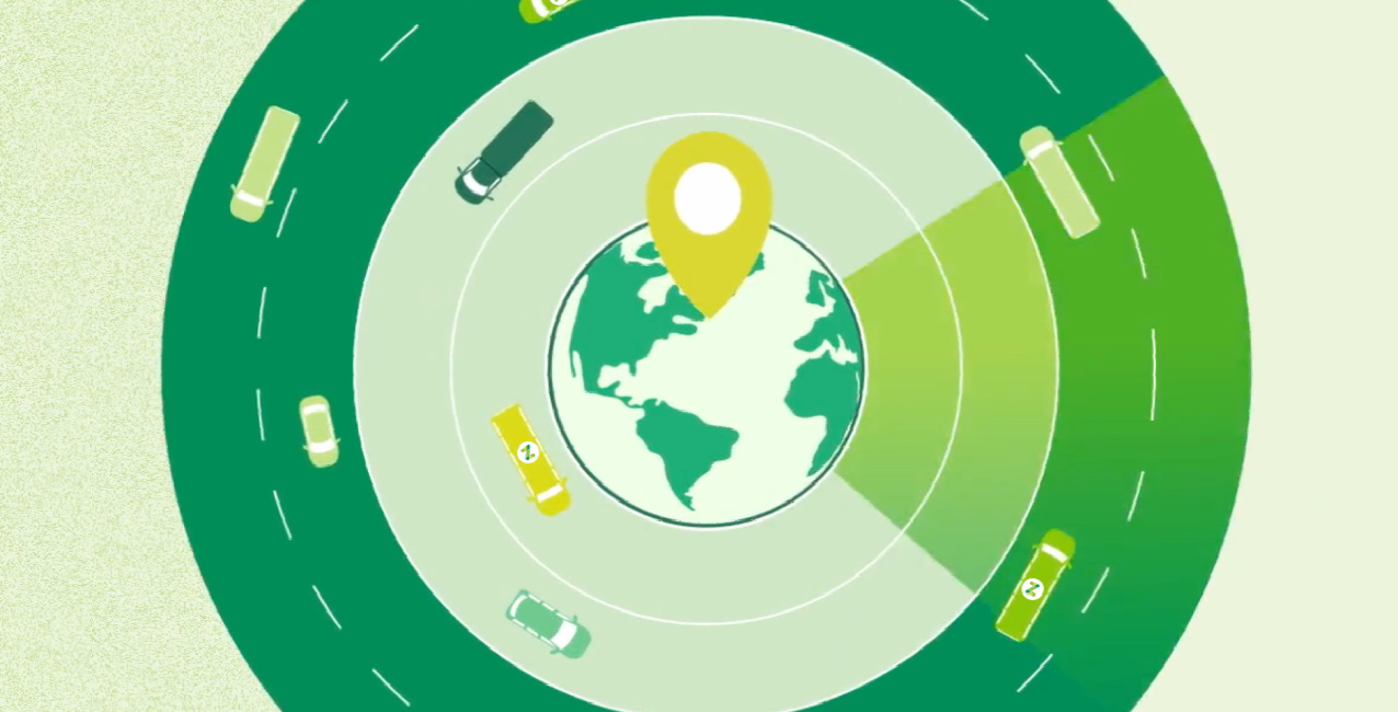 Graphic of a globe with a location pin, illustrating connected transportation around the world.