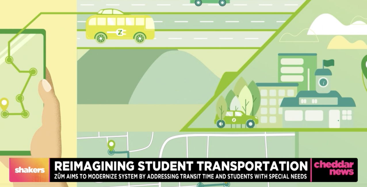 Illustration depicting a digital platform for student transportation with buses and routes