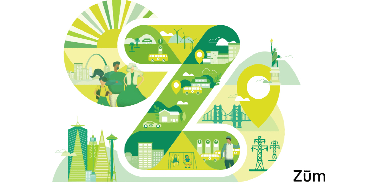 Graphic depicting Zum's Connected Mobility Experience with green and yellow elements, including