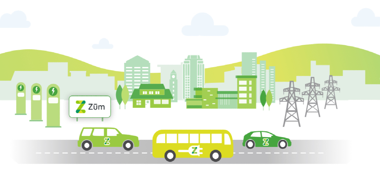 Illustration of a cityscape with electric vehicles, buses, and charging stations, representing