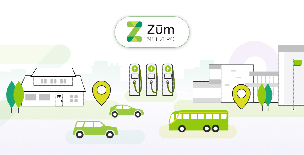 Illustration showing a green bus, cars, EV chargers, and buildings with a "Zum Net Zero" logo.