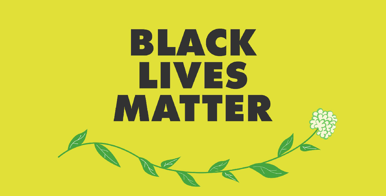 Black Lives Matter text on a bright yellow background with green leaves and a white flower.