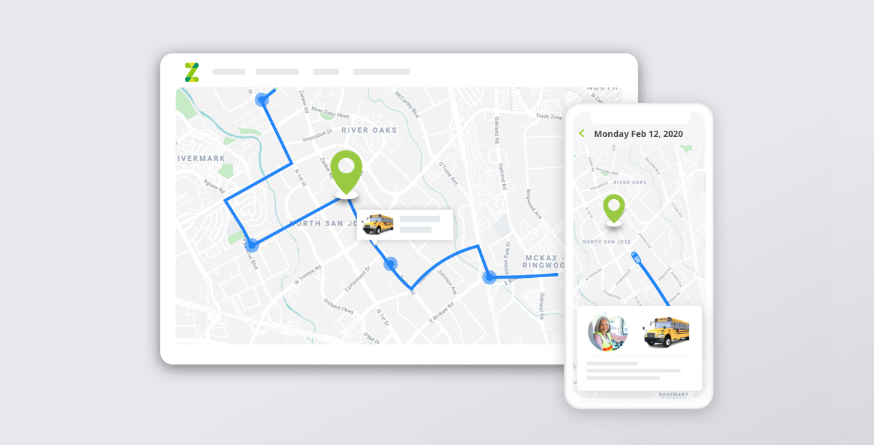 Map showing a school transportation route on a desktop and mobile interface with a pickup location.