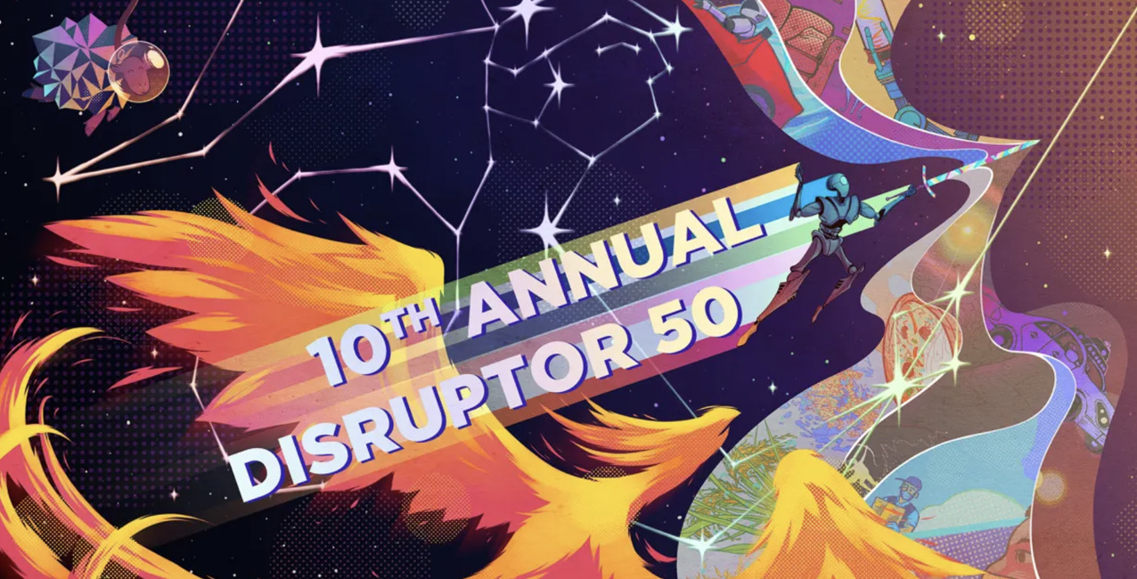 Graphic featuring "10th Annual Disruptor 50" with colorful designs and cosmic elements.