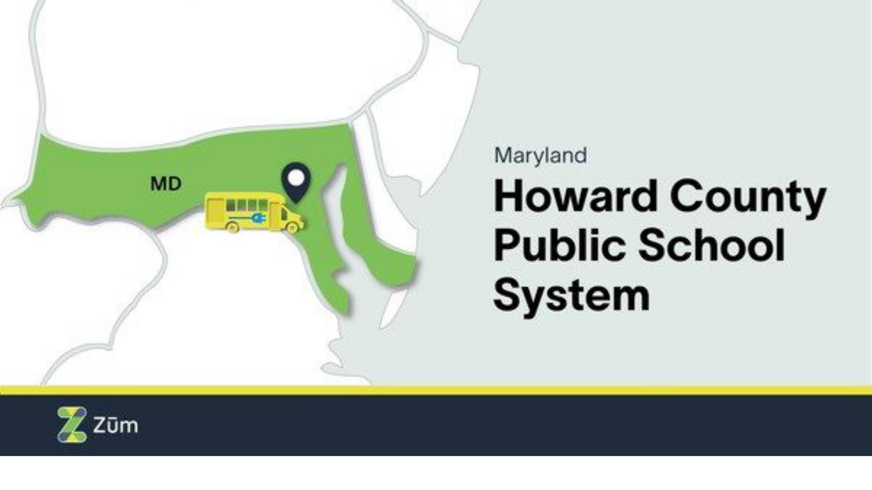Map highlighting Howard County Public School System in Maryland with a yellow bus icon.