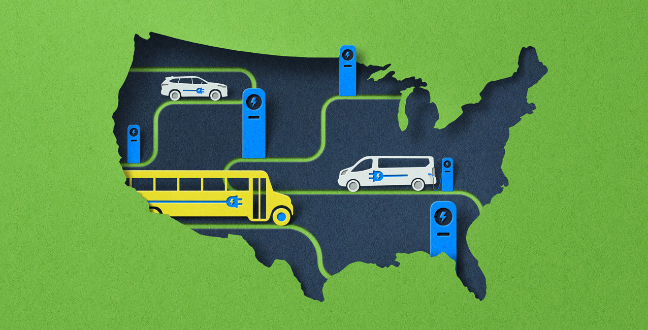 Map illustration of the U.S. showing EV charging stations linked to school transportation.