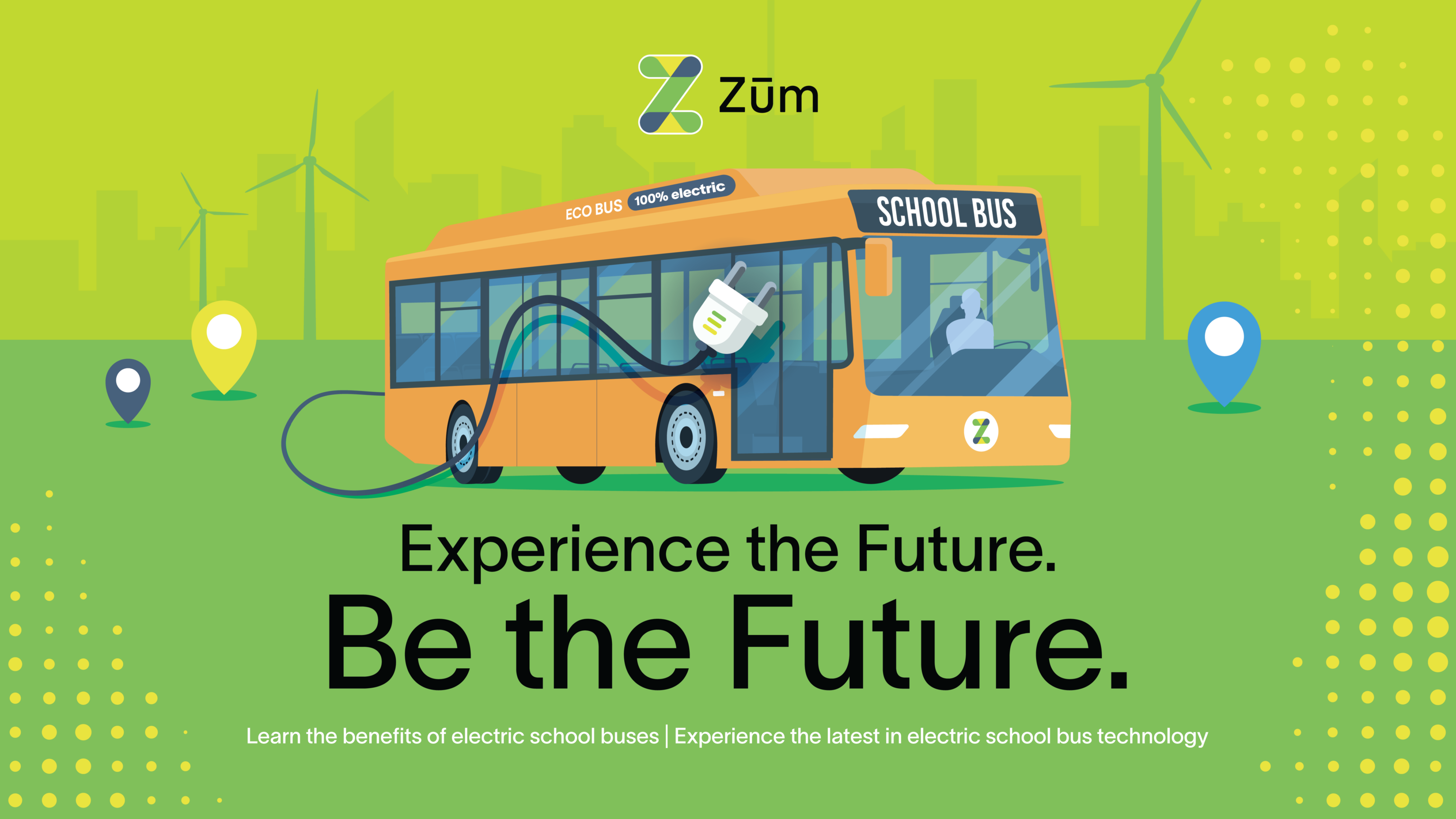 Electric school bus showcasing Zum branding, with a charging connection and green energy elements.