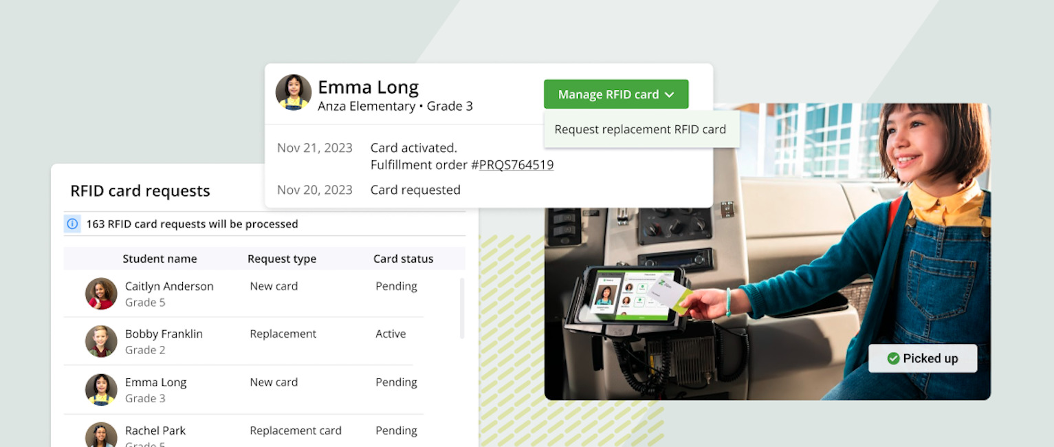 Student using a tablet in a school van; RFID card request details displayed on the screen.