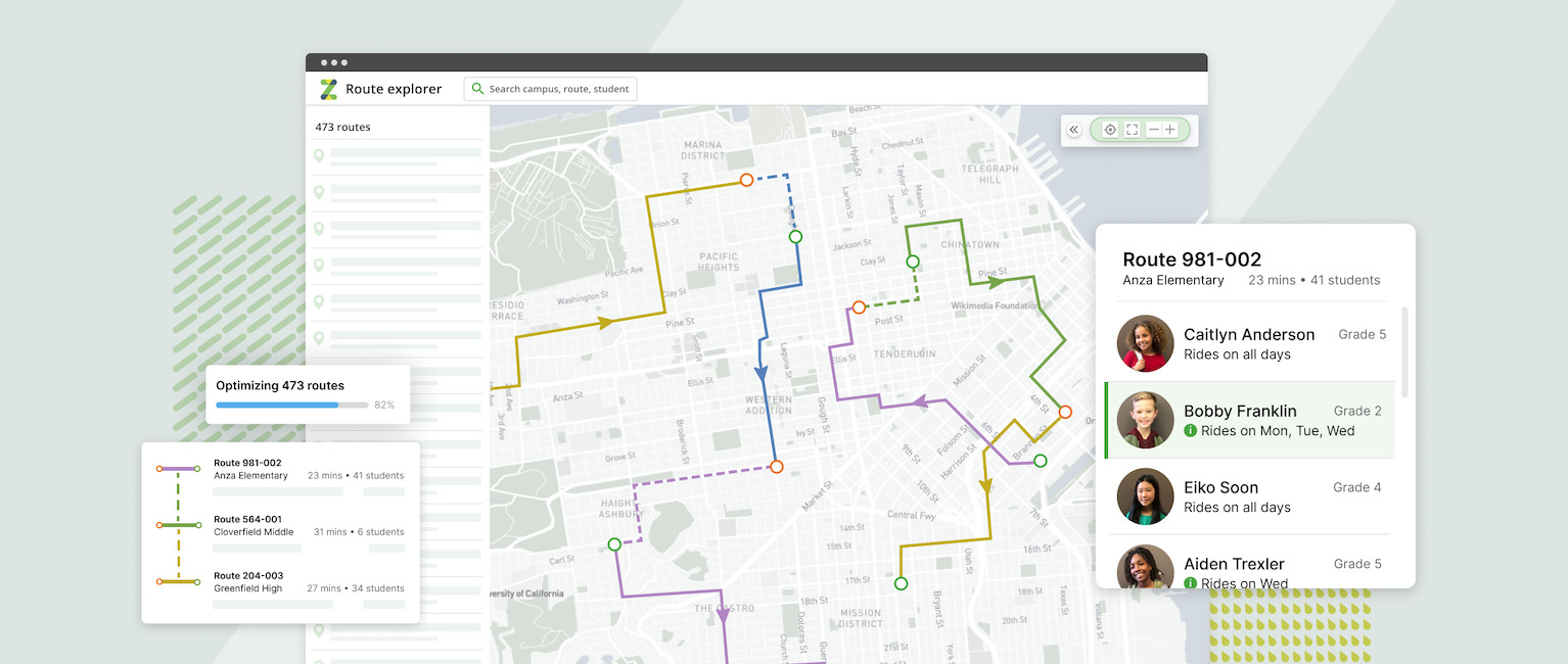 Map displaying optimized school bus routes with student details and stop locations.