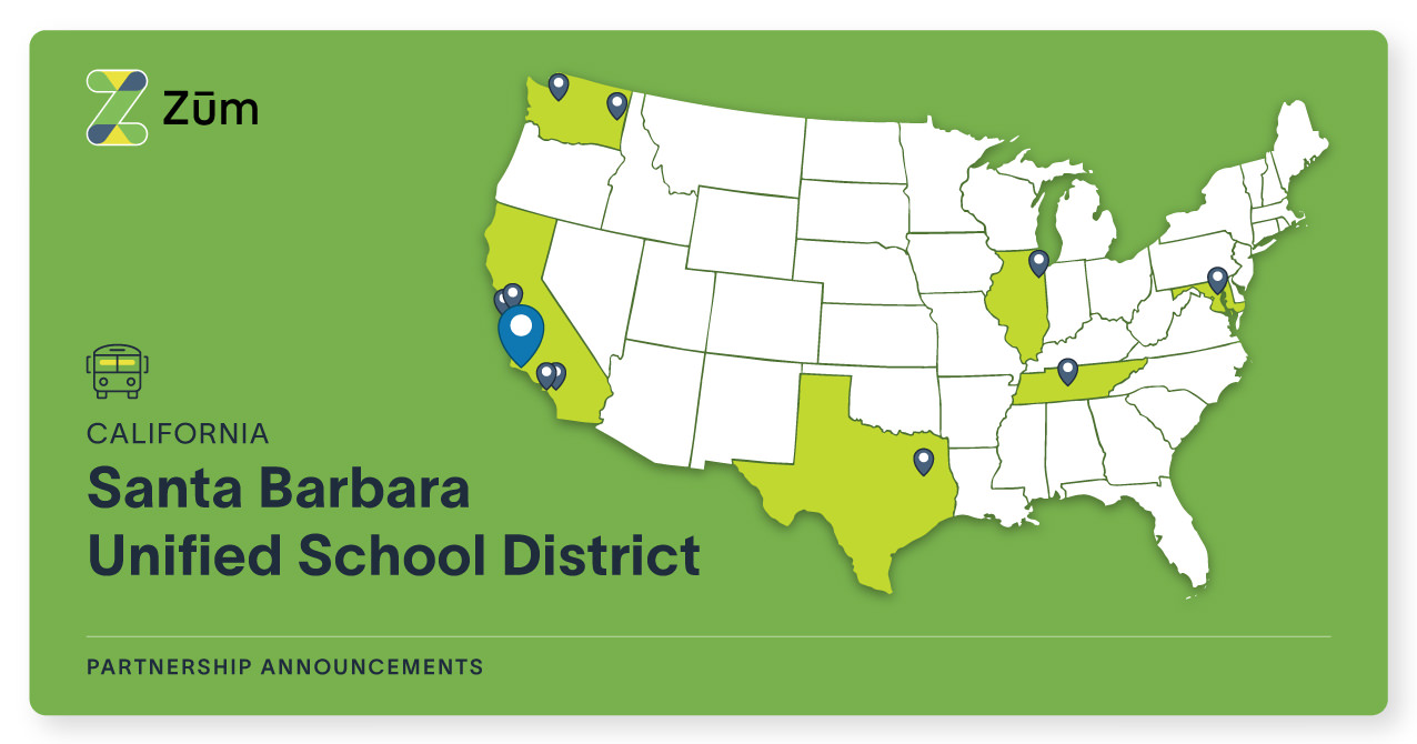 Map of the US highlighting California's Santa Barbara Unified School District partnership with Zum.
