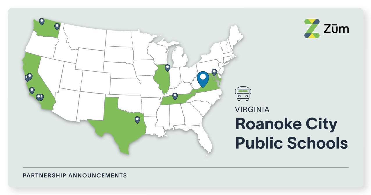 Map of the U.S. highlighting Roanoke City Public Schools partnership with Zum. Key locations marked.